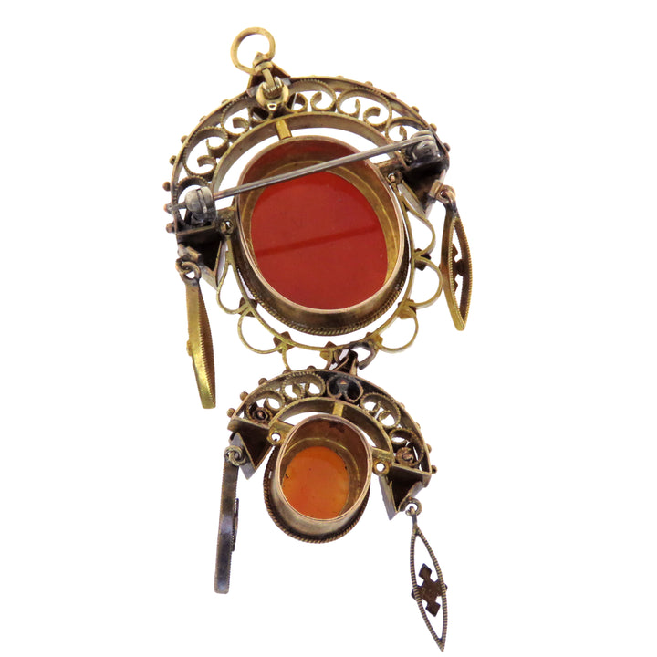 14k Victorian Pink Hardstone Double Cameo Brooch/Pendant