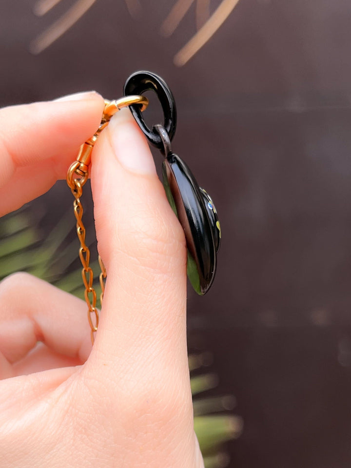 Extremely Rare Whitby Jet Pendant with Enamel Daffodil Plaque