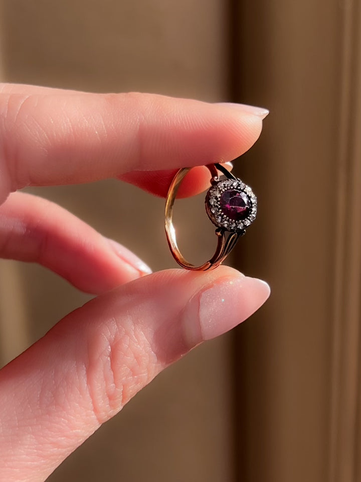 Georgian Almandine Garnet and Diamond Halo Ring