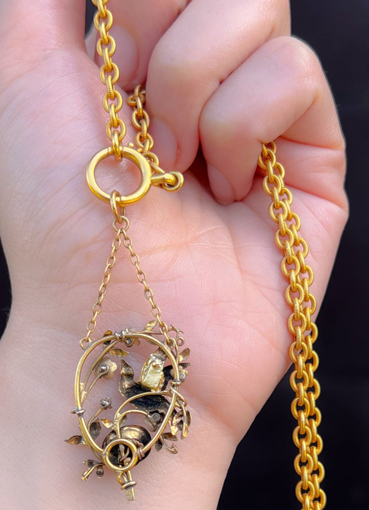 Outstanding Pre-Victorian 15k Sparrow with Her Nest Pendant- Circa 1840