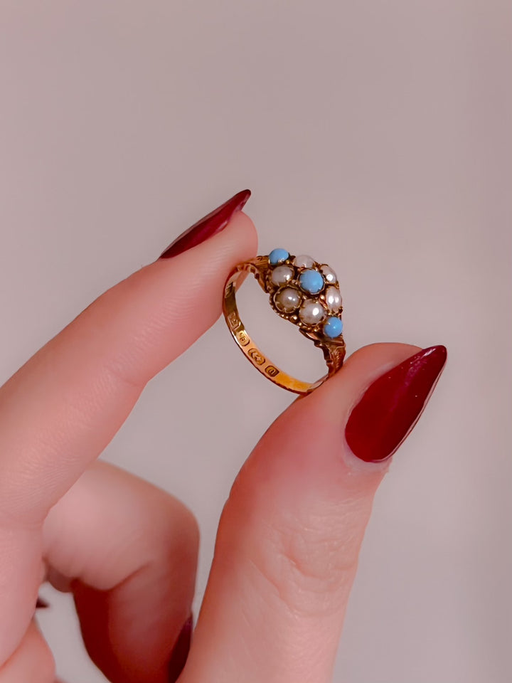 Lovely Victorian 12ct Persian Turquoise and Seed Pearl Ring