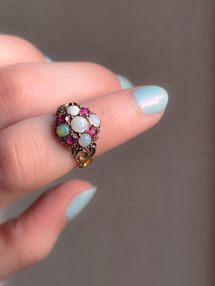 Gorgeous, Hallmarked 15k Opal + Ruby Cruciform Ring