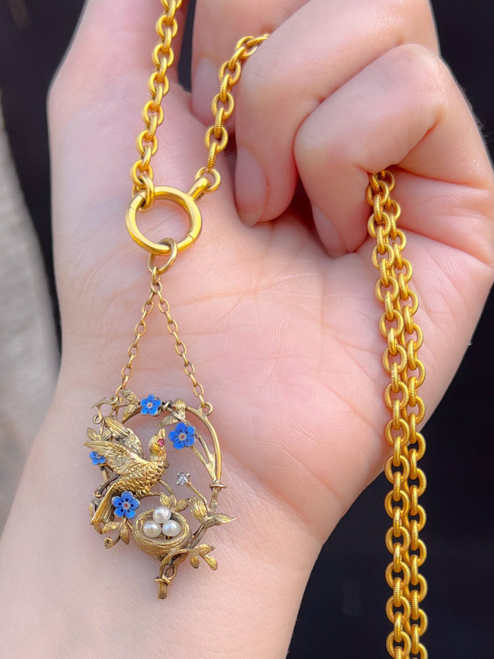 Outstanding Pre-Victorian 15k Sparrow with Her Nest Pendant- Circa 1840