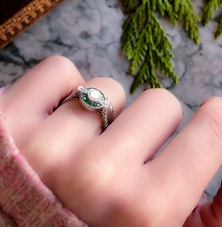 Incredible Art Deco All Original Platinum Target Ring with Emeralds and Diamonds