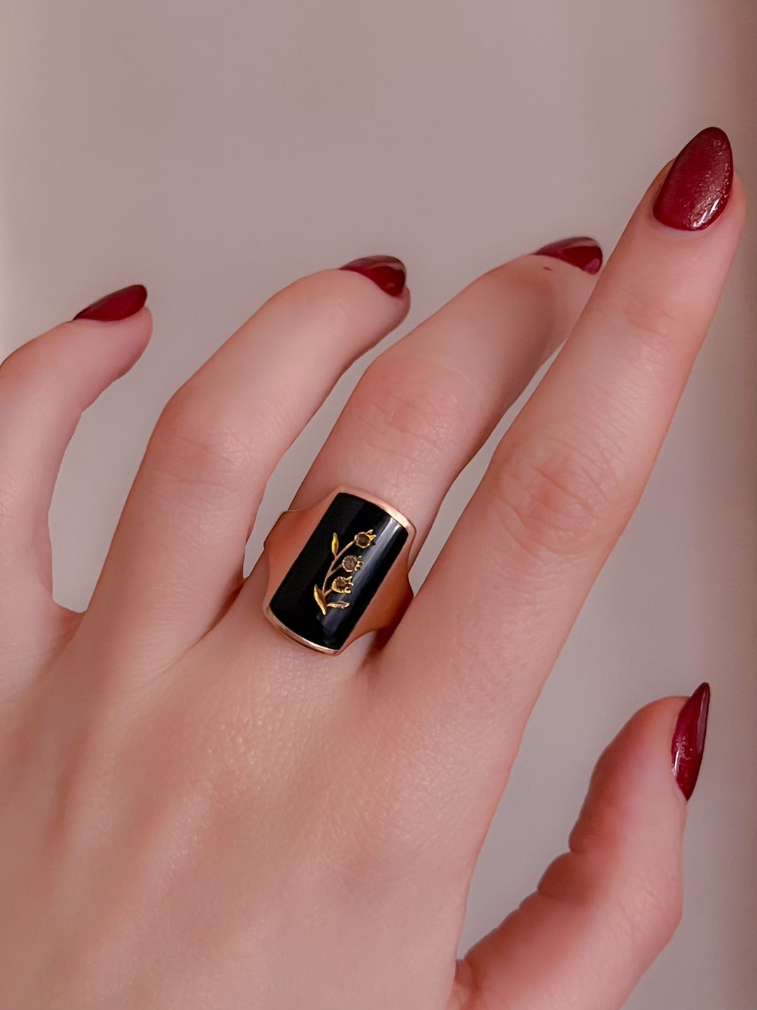 Victorian Onyx and Diamond Gold Inlaid Lily of the Valley Ring