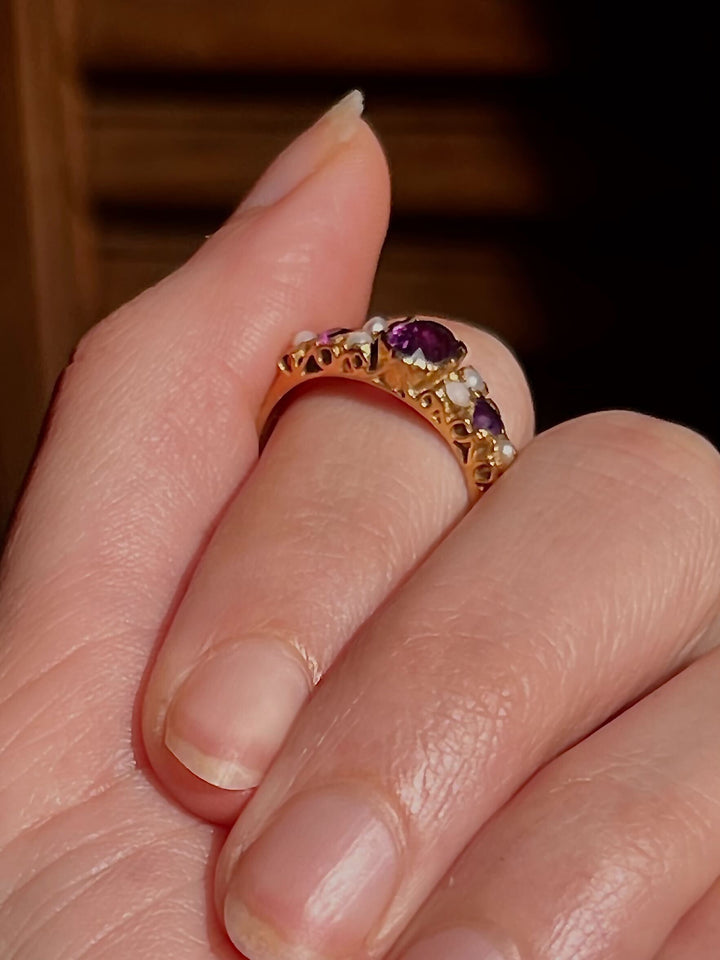 1964 Victorian Revival Amethyst and Pearl Band