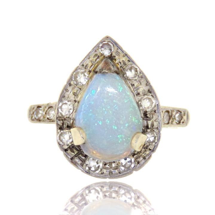 14k White Gold Opal Pear Ring with Single Cut Diamonds
