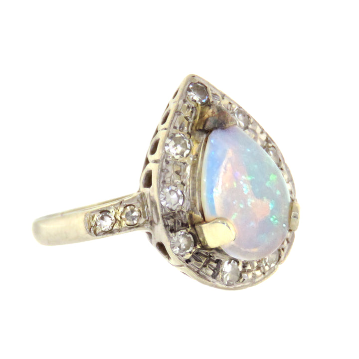 14k White Gold Opal Pear Ring with Single Cut Diamonds