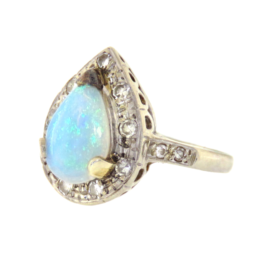 14k White Gold Opal Pear Ring with Single Cut Diamonds