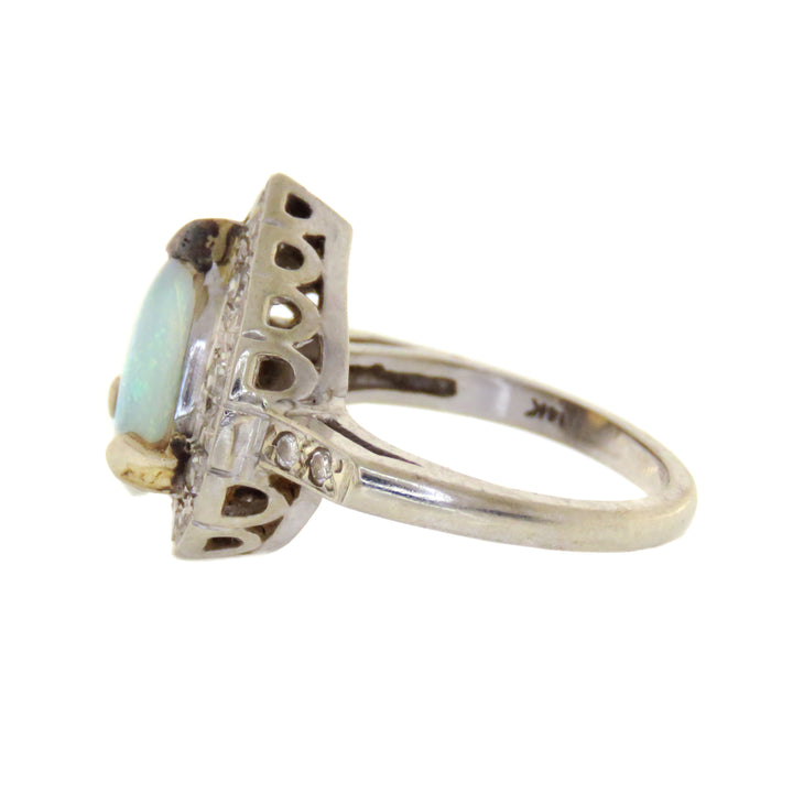 14k White Gold Opal Pear Ring with Single Cut Diamonds