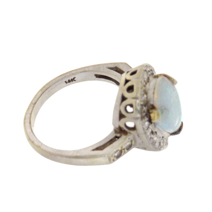 14k White Gold Opal Pear Ring with Single Cut Diamonds