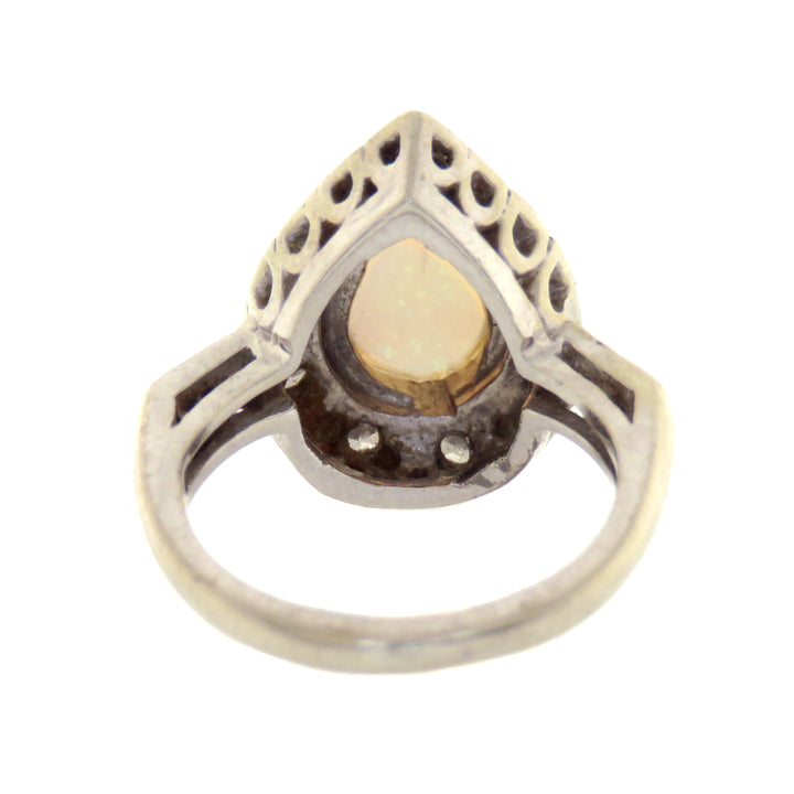 14k White Gold Opal Pear Ring with Single Cut Diamonds