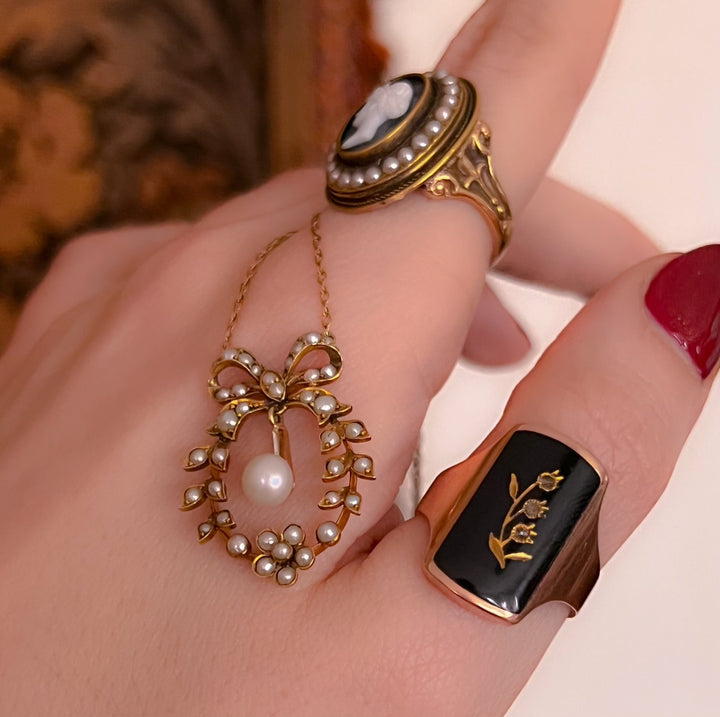 Victorian Onyx and Diamond Gold Inlaid Lily of the Valley Ring