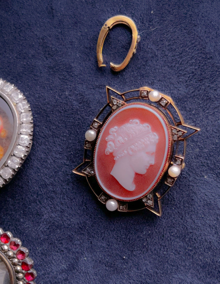 Outrageously Rare Perfect Pink Sardonyx Cameo With Pearls and Diamonds
