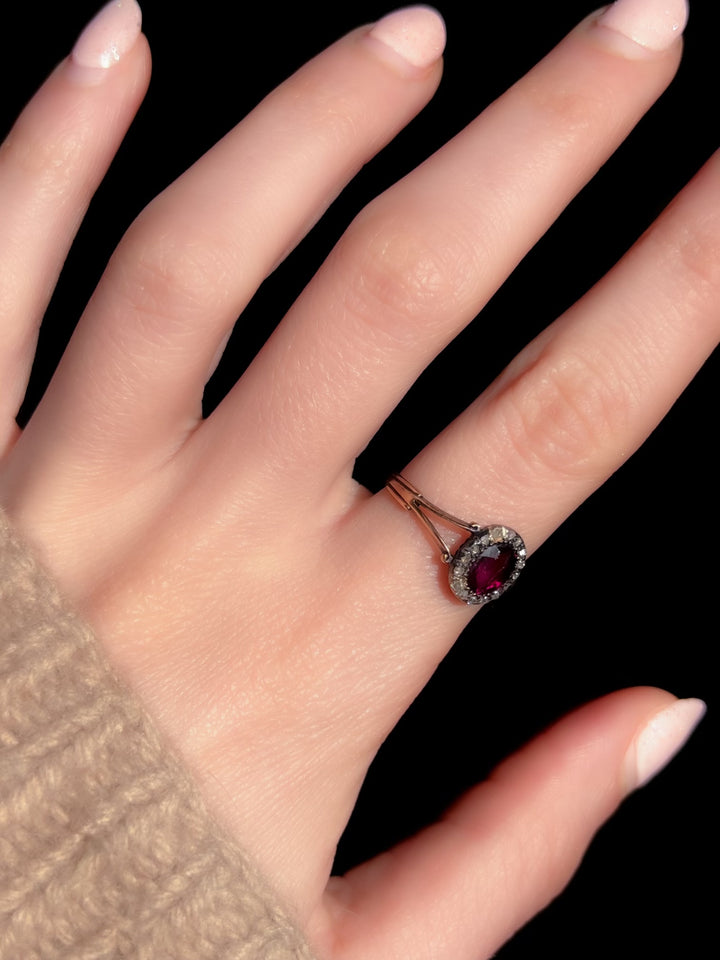 Georgian Almandine Garnet and Diamond Halo Ring