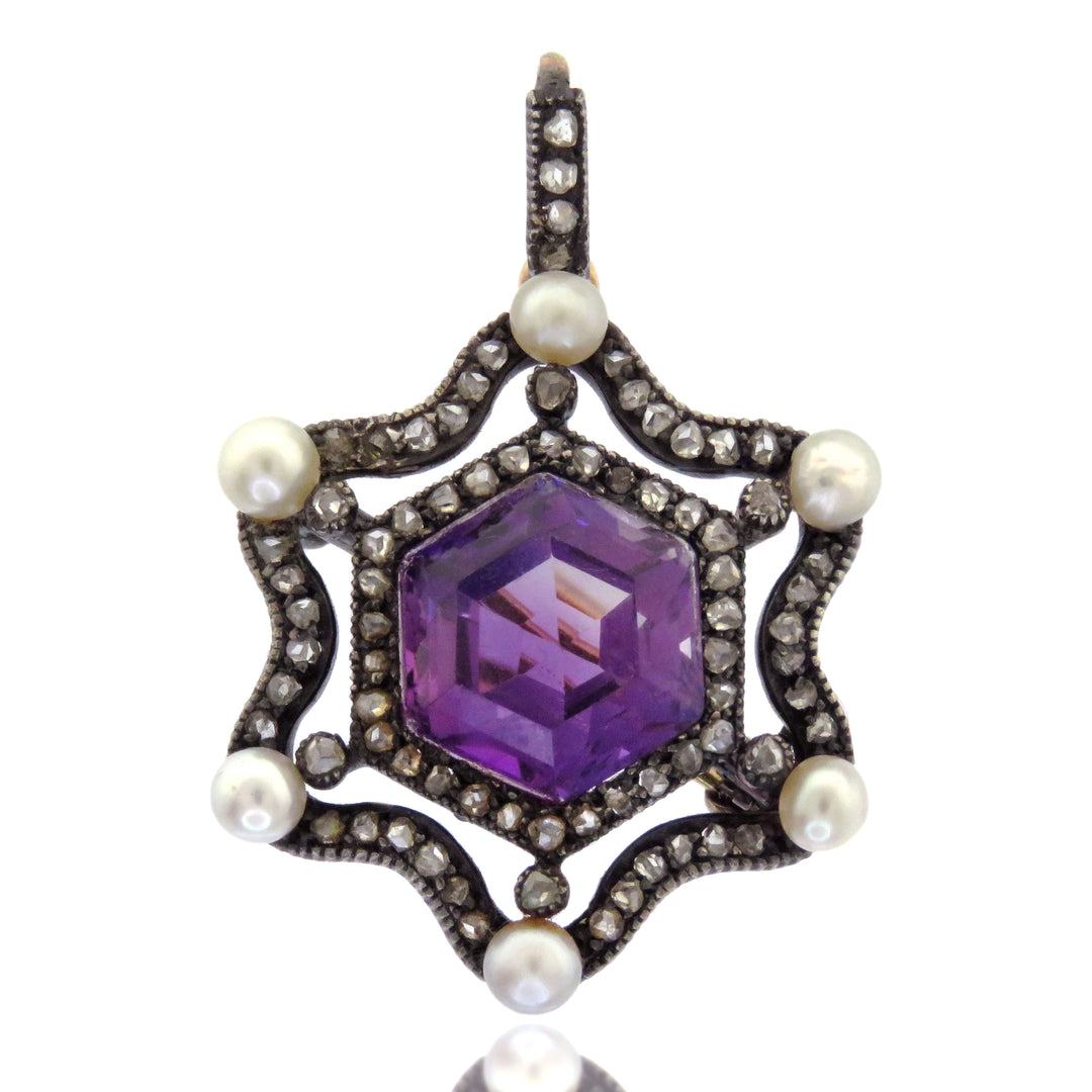 14k Diamond, Amethyst, & Pearl Star Pendant