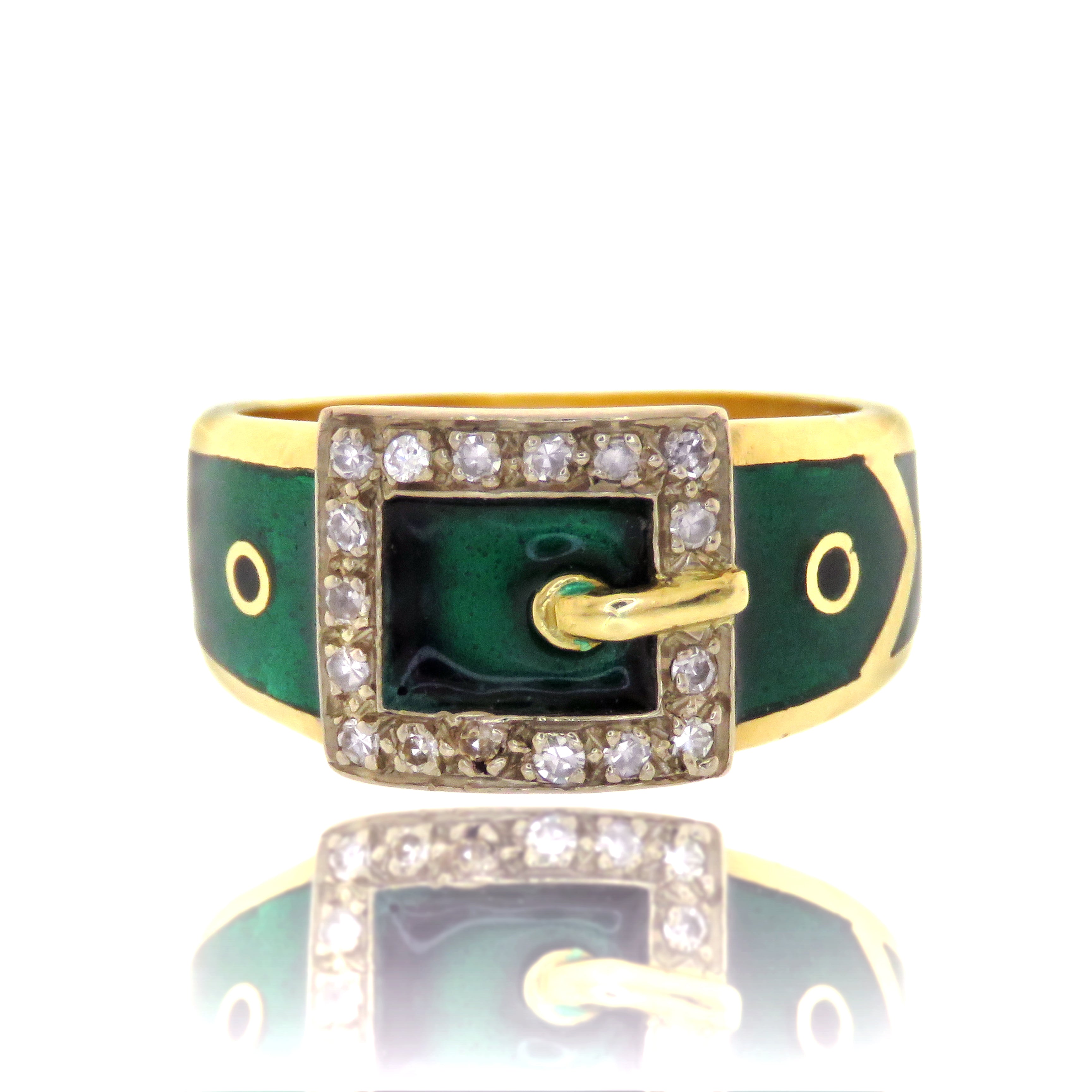 18k Green Enamel Buckle Ring with Diamonds