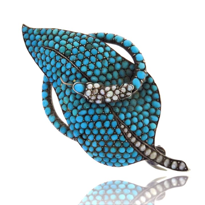 Sterling Victorian Serpent Brooch of 2” in Pearl, Turquoise and Garnet