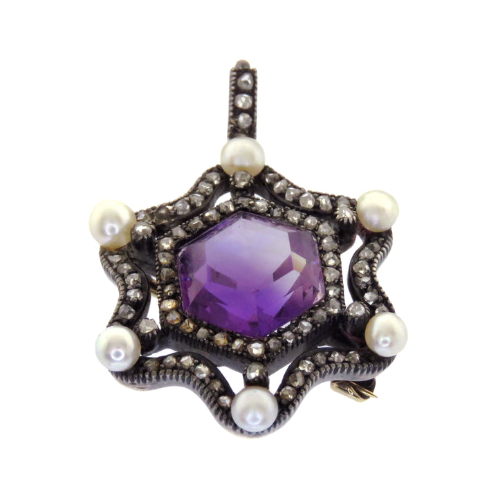 14k Diamond, Amethyst, & Pearl Star Pendant