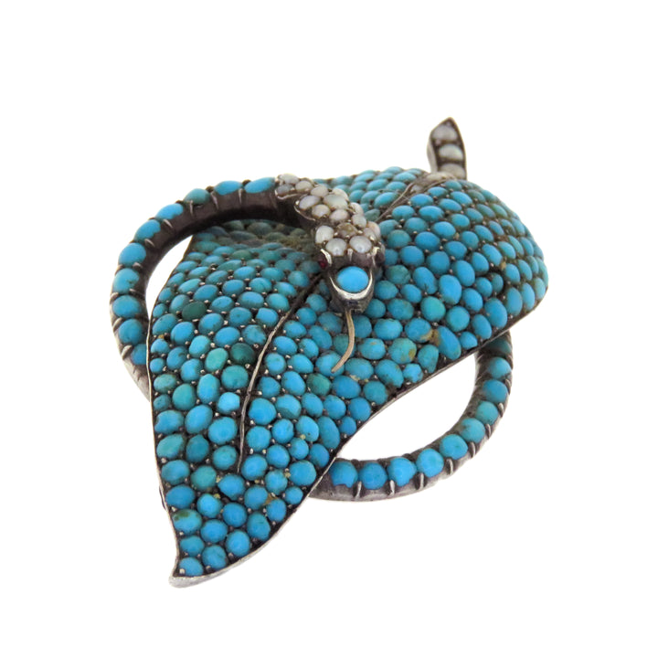 Sterling Victorian Serpent Brooch of 2” in Pearl, Turquoise and Garnet
