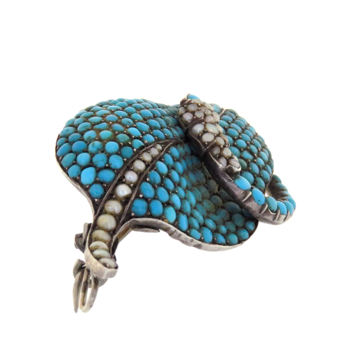 Sterling Victorian Serpent Brooch of 2” in Pearl, Turquoise and Garnet