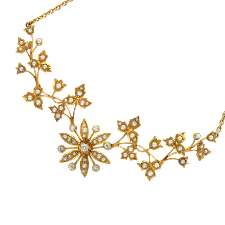 Hold for YR⚡️18k Pearl and Diamond Floral Garland Necklace with Barrel Clasp
