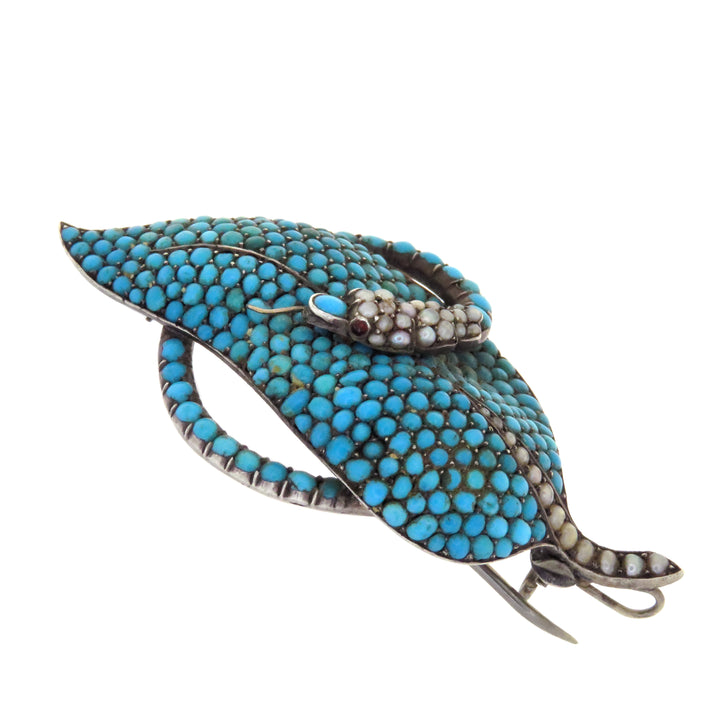 Sterling Victorian Serpent Brooch of 2” in Pearl, Turquoise and Garnet