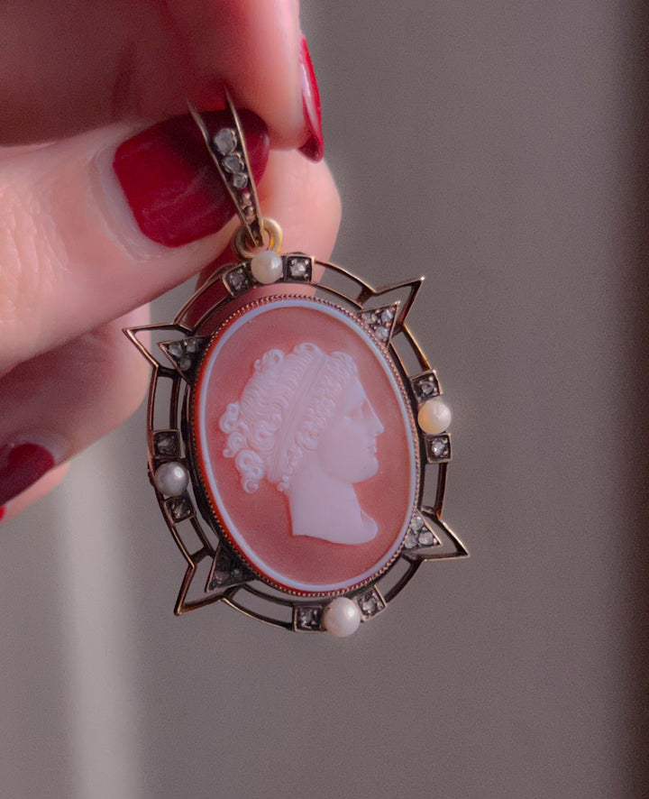 Outrageously Rare Perfect Pink Sardonyx Cameo With Pearls and Diamonds