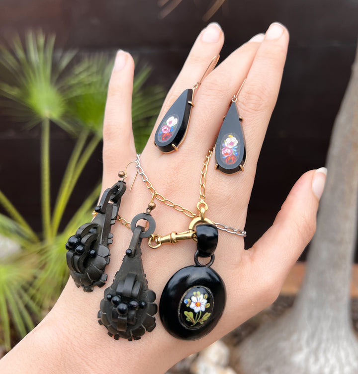 Extremely Rare Whitby Jet Pendant with Enamel Daffodil Plaque