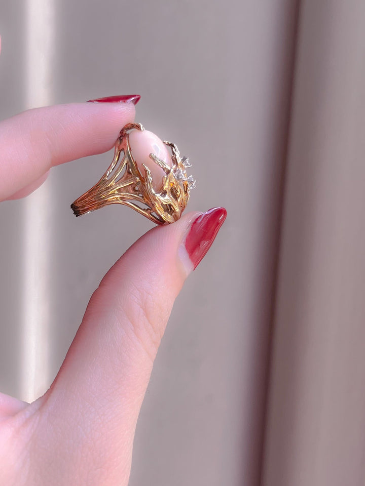 14k Coral and Diamond Dragon Egg Ring - Circa 1970