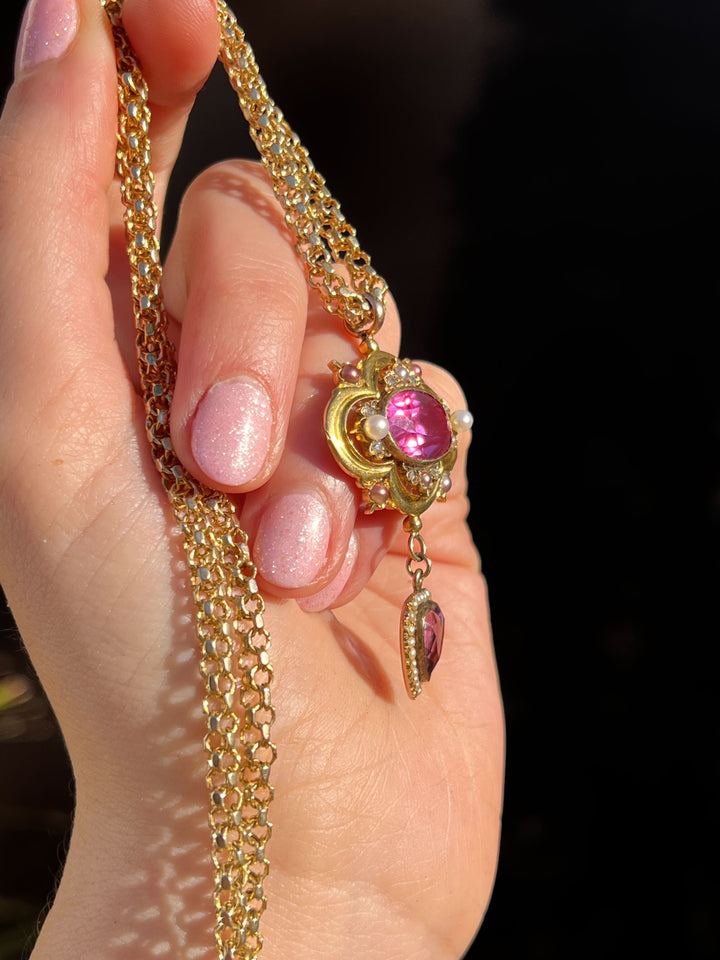 JUST PENDANT Pink Paste, Amethyst, Diamond and Pearl Lavaliere Necklace