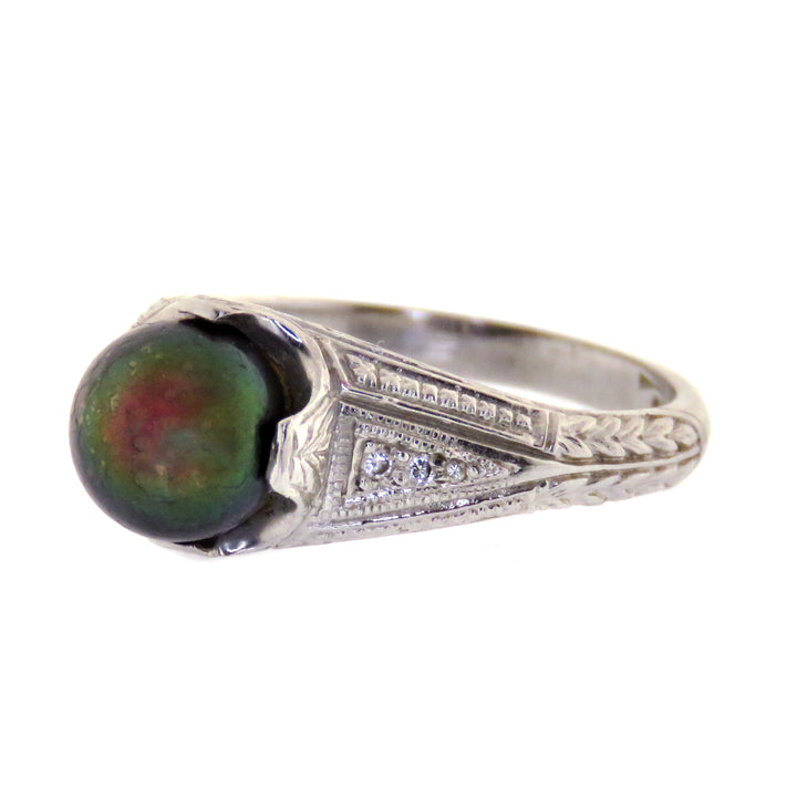 Platinum Art Deco Black Pearl Ring