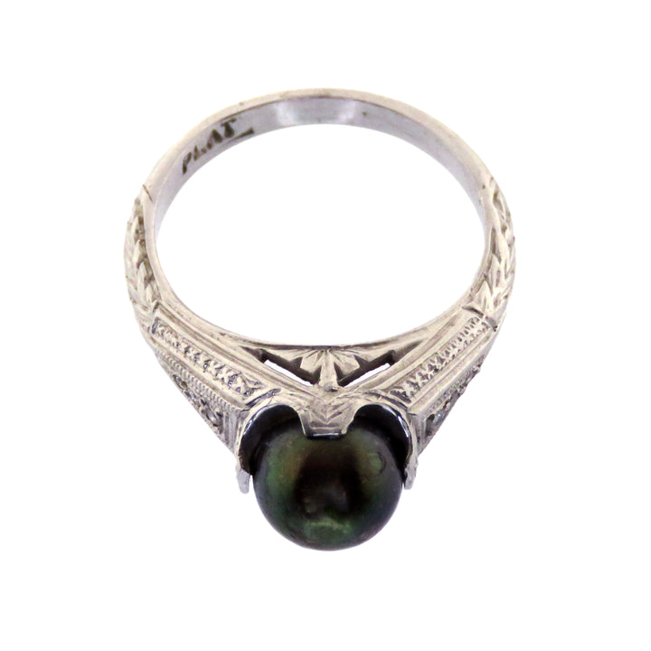 Platinum Art Deco Black Pearl Ring