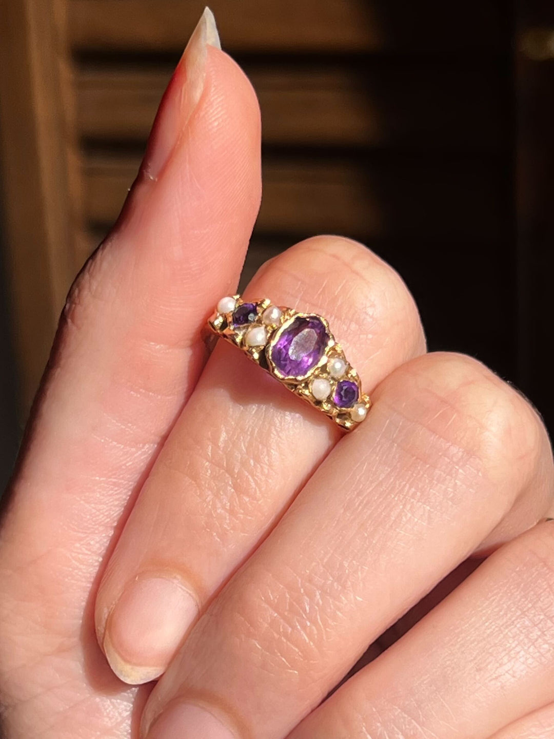 1964 Victorian Revival Amethyst and Pearl Band