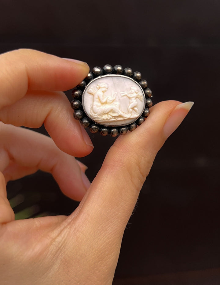 Sterling Set Psyche With Drum and Cupid White Coral Cameo