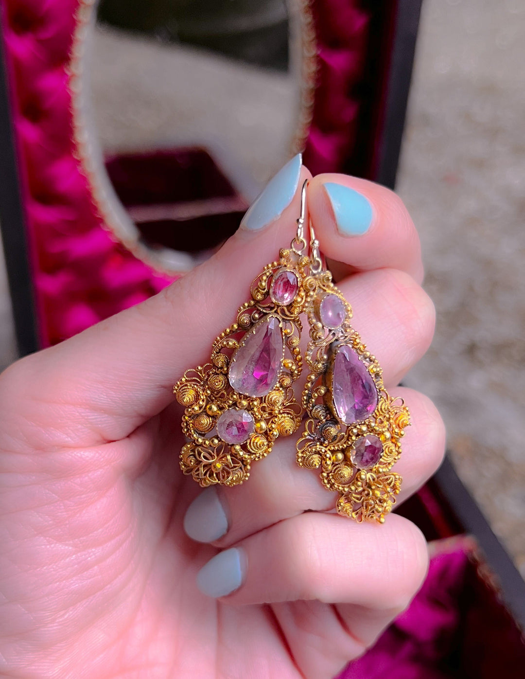 Sumptuous 15k Georgian Cannetille Earrings with Pink Topaz