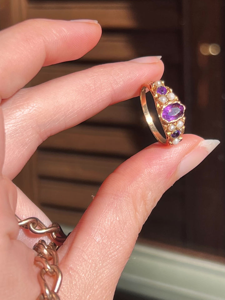 1964 Victorian Revival Amethyst and Pearl Band