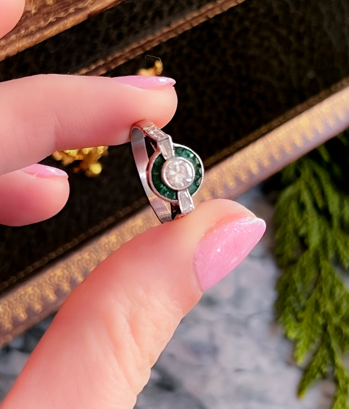 Incredible Art Deco All Original Platinum Target Ring with Emeralds and Diamonds