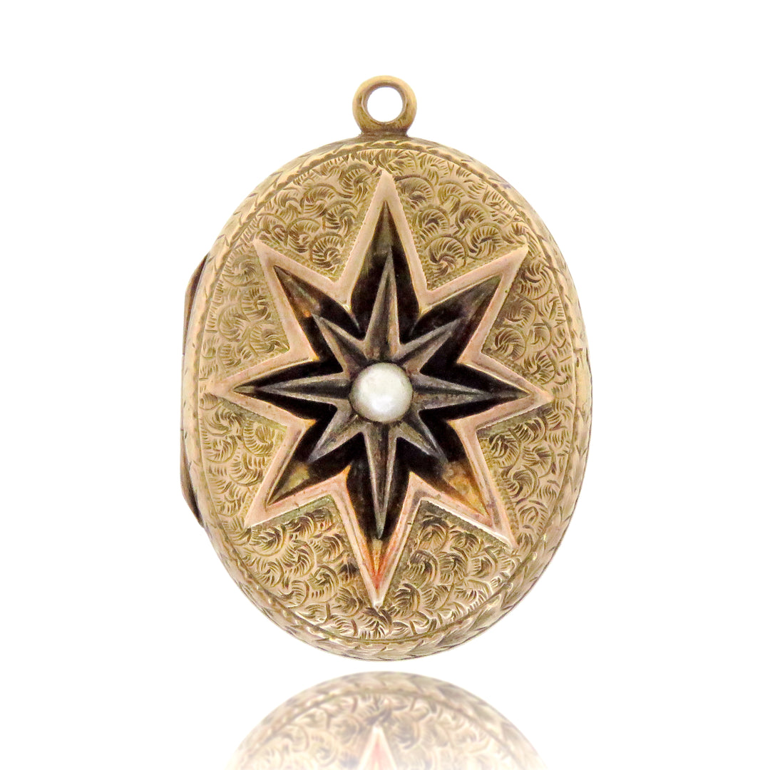 15k Intaglio Star Locket with Pearl and Pineapple Engraving Circa 1870