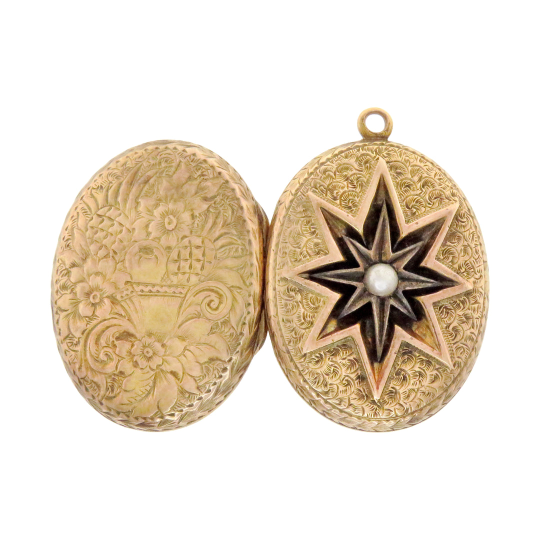 15k Intaglio Star Locket with Pearl and Pineapple Engraving Circa 1870