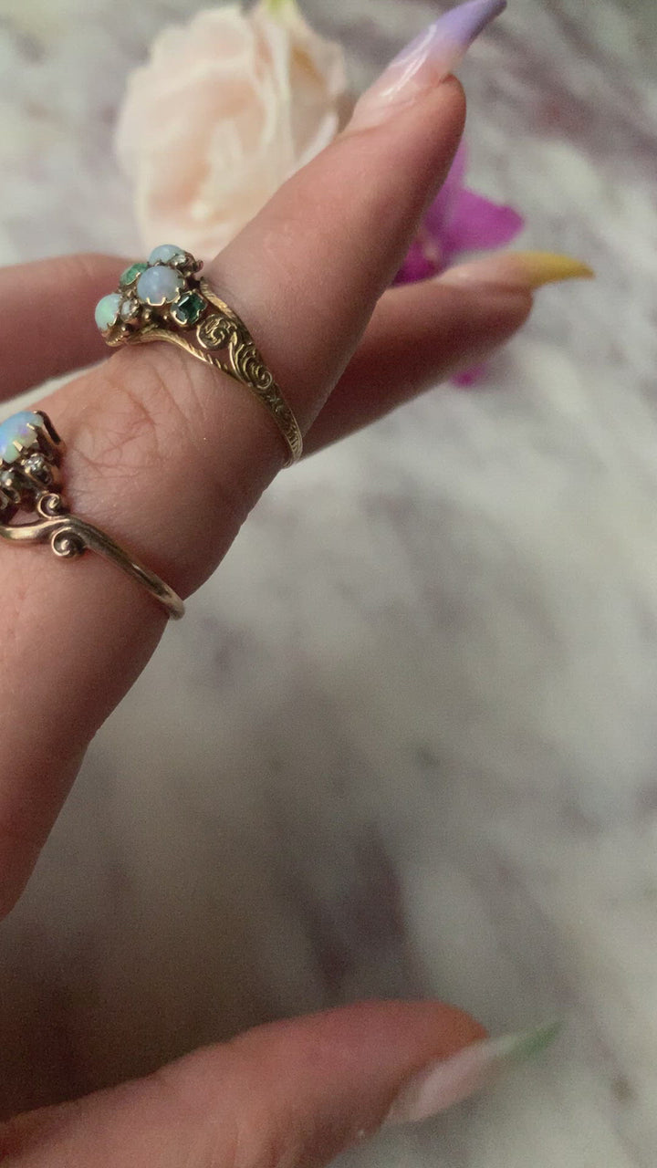 15k Victorian Opal, Emerald, and Diamond Locket Ring