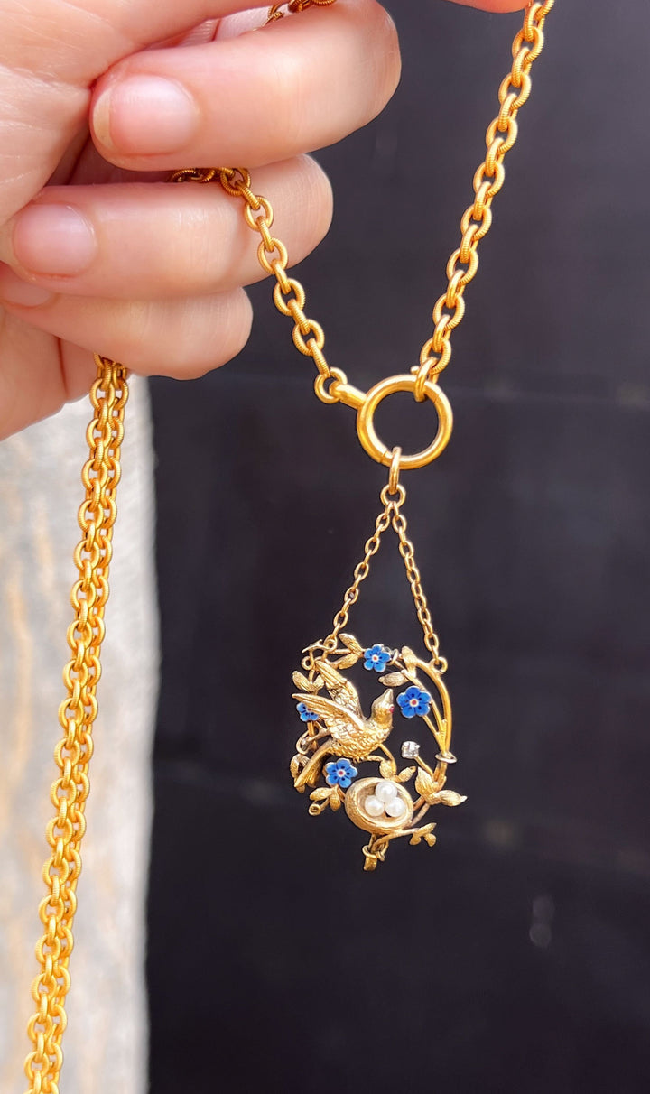 Outstanding Pre-Victorian 15k Sparrow with Her Nest Pendant- Circa 1840