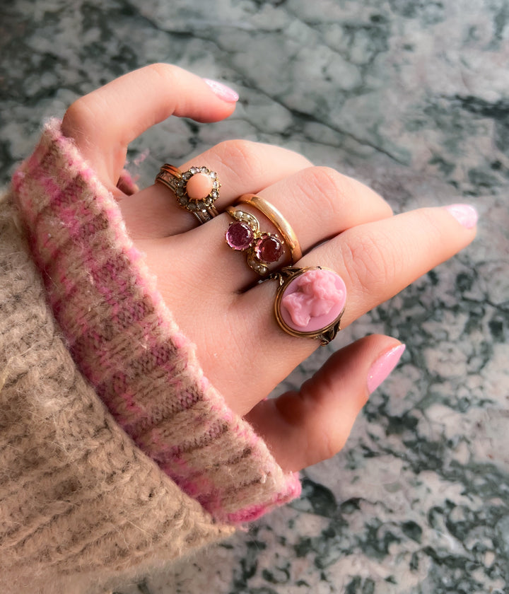 Pink Coral and Diamond Cluster Ring in 14ct