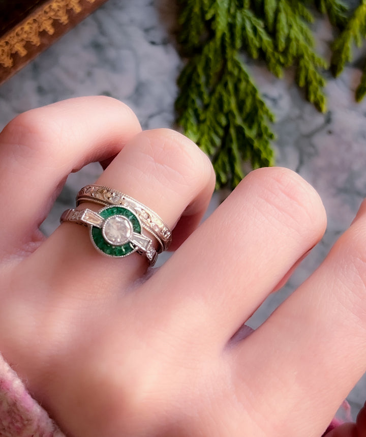 Incredible Art Deco All Original Platinum Target Ring with Emeralds and Diamonds