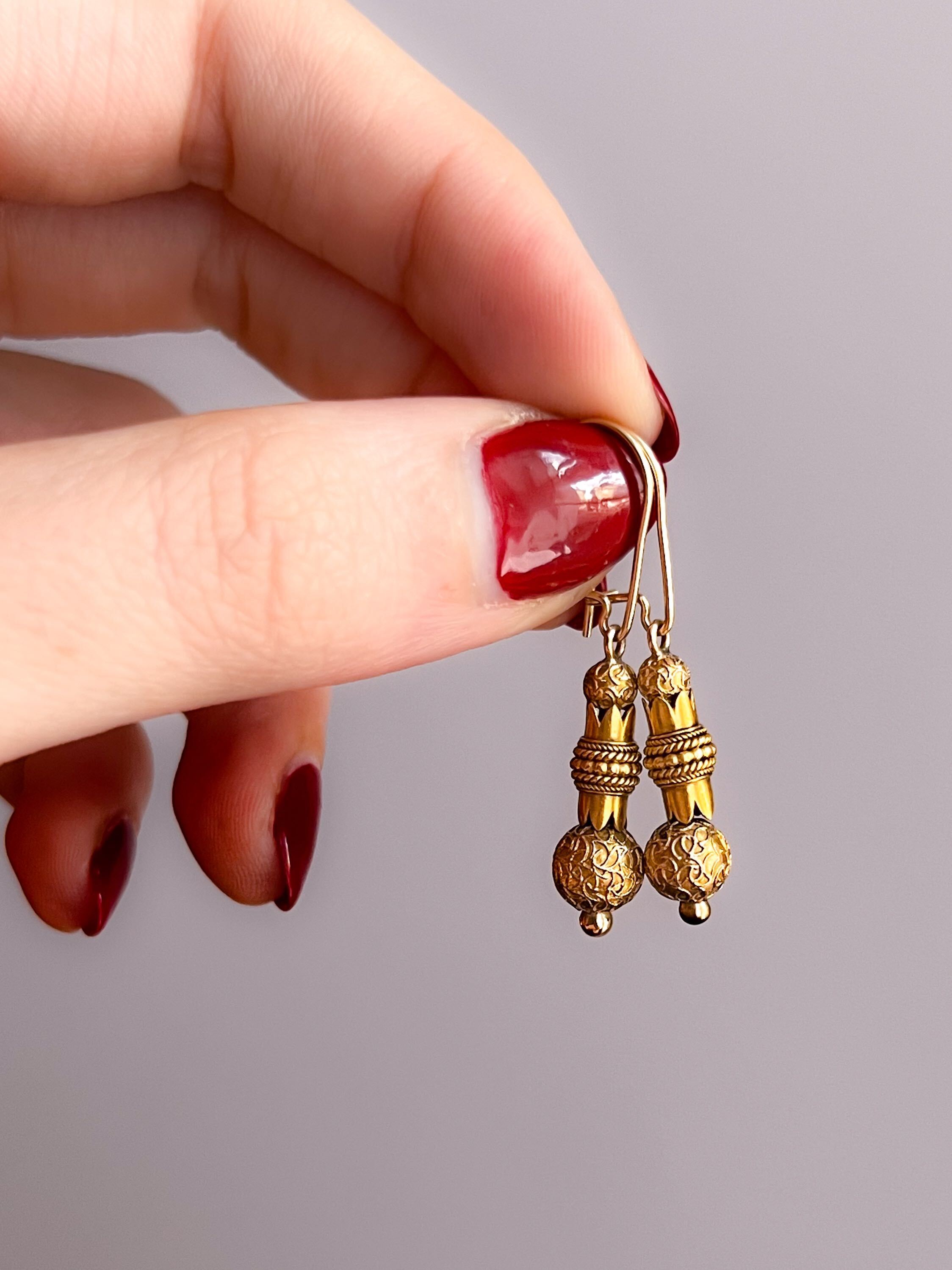 Delicious American 14k Gold Archaeological Revival Drop Earrings