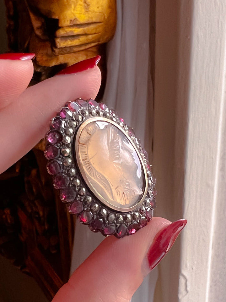 Georgian Athena Cameo With Marcasite and Flat Cut Garnets