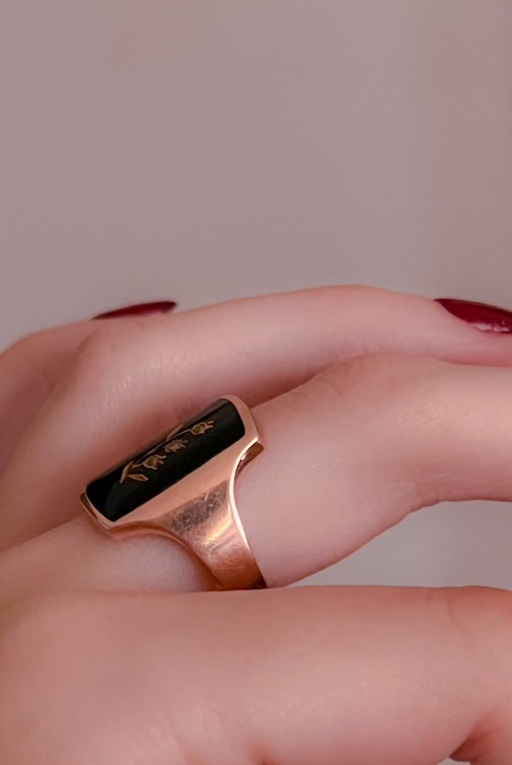 Victorian Onyx and Diamond Gold Inlaid Lily of the Valley Ring