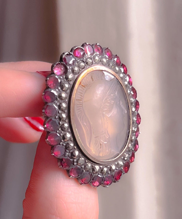 Georgian Athena Cameo With Marcasite and Flat Cut Garnets