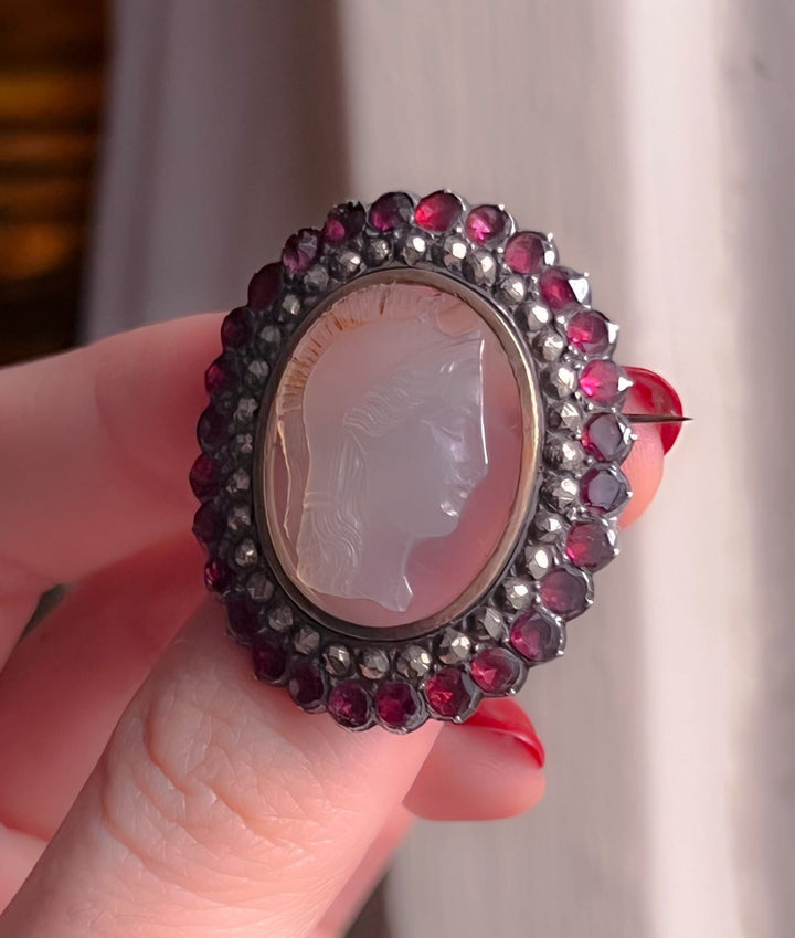 Georgian Athena Cameo With Marcasite and Flat Cut Garnets