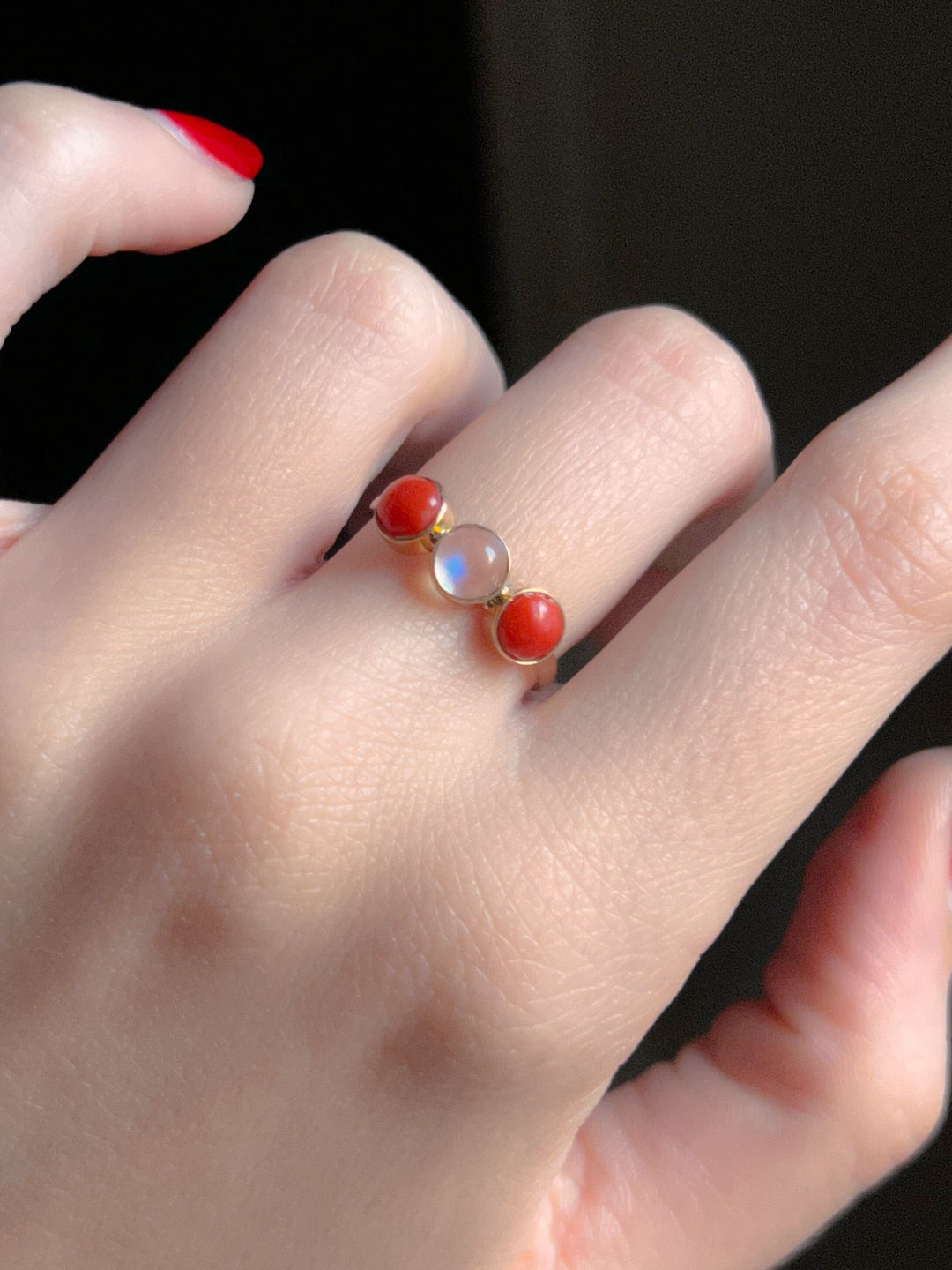 Coral and Moonstone Trilogy Ring
